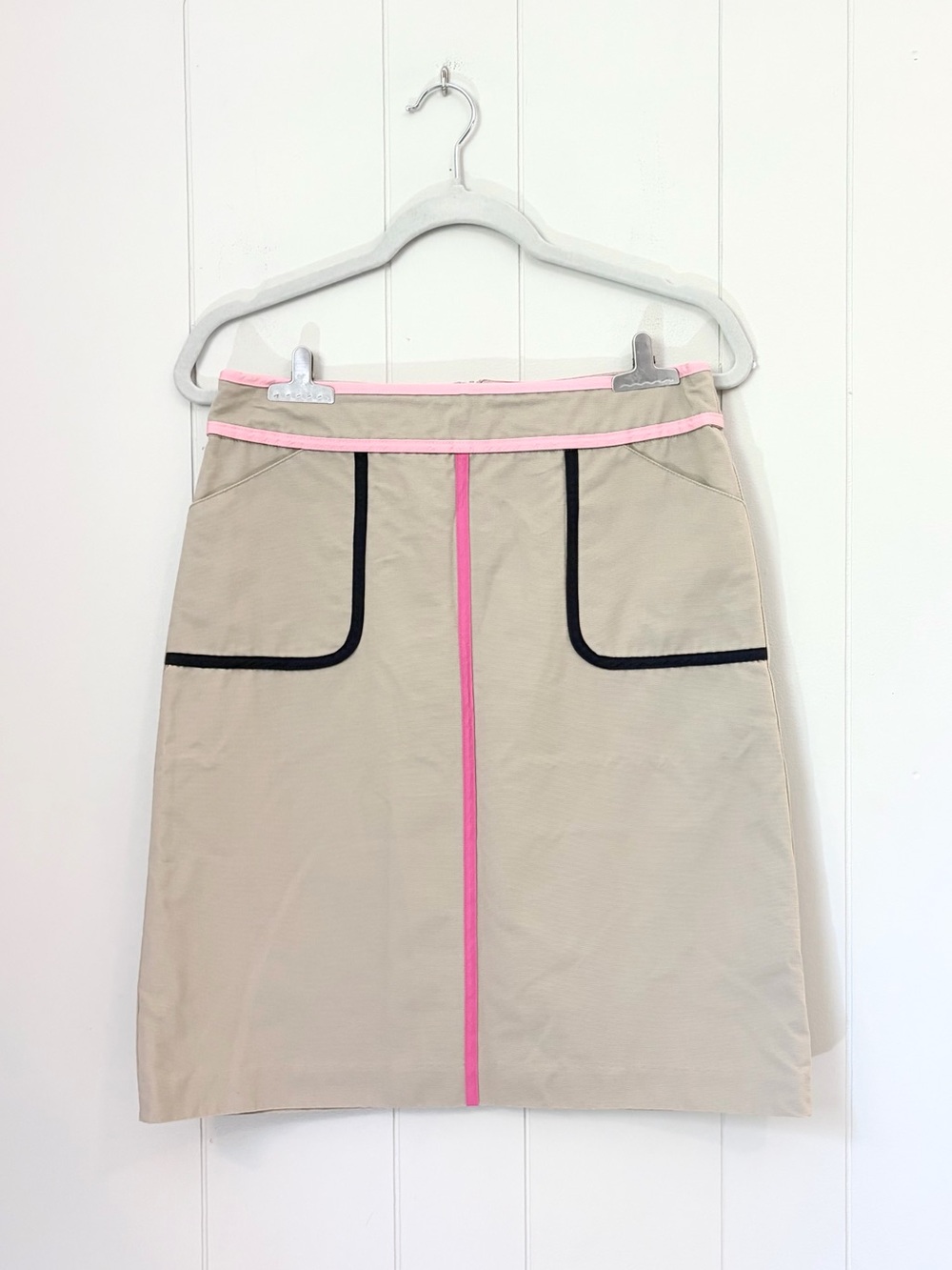 Boden Khaki Tan Twill Mini Skirt Pink Navy Trim Pencil Skirt Preppy US 6L